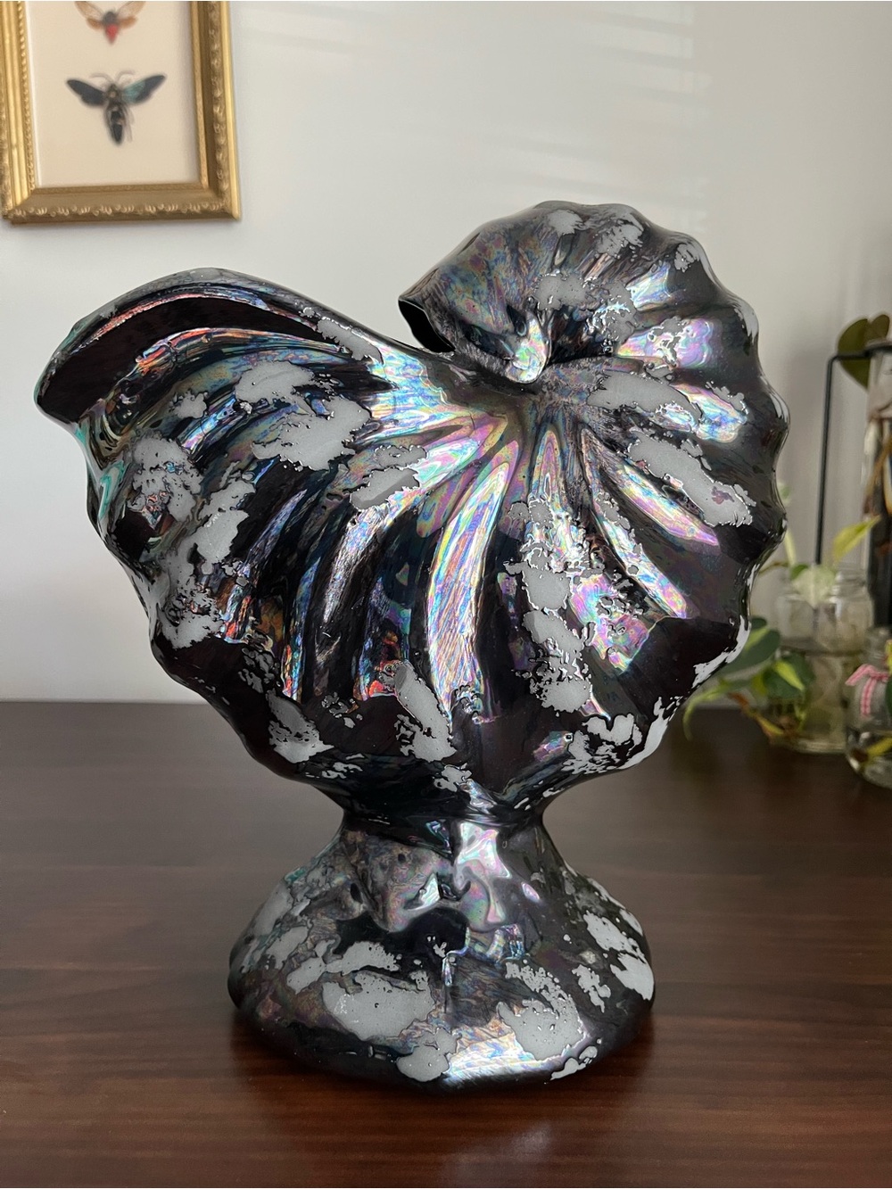 Large Nautilus Seashell plant holder vase 80’s irridescent with oil stain effect